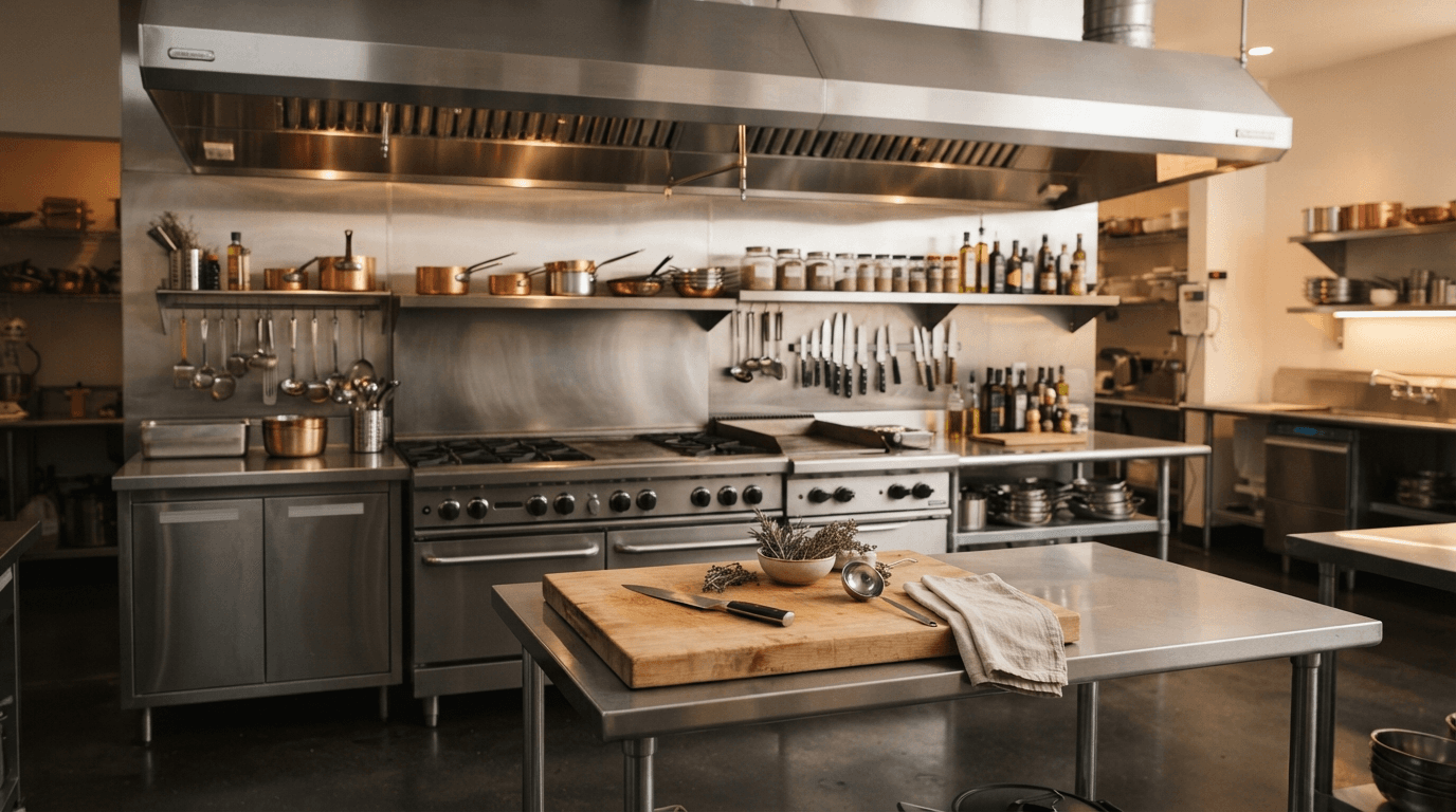 High quality stainless steel commercial kitchen setup with modern fabrication